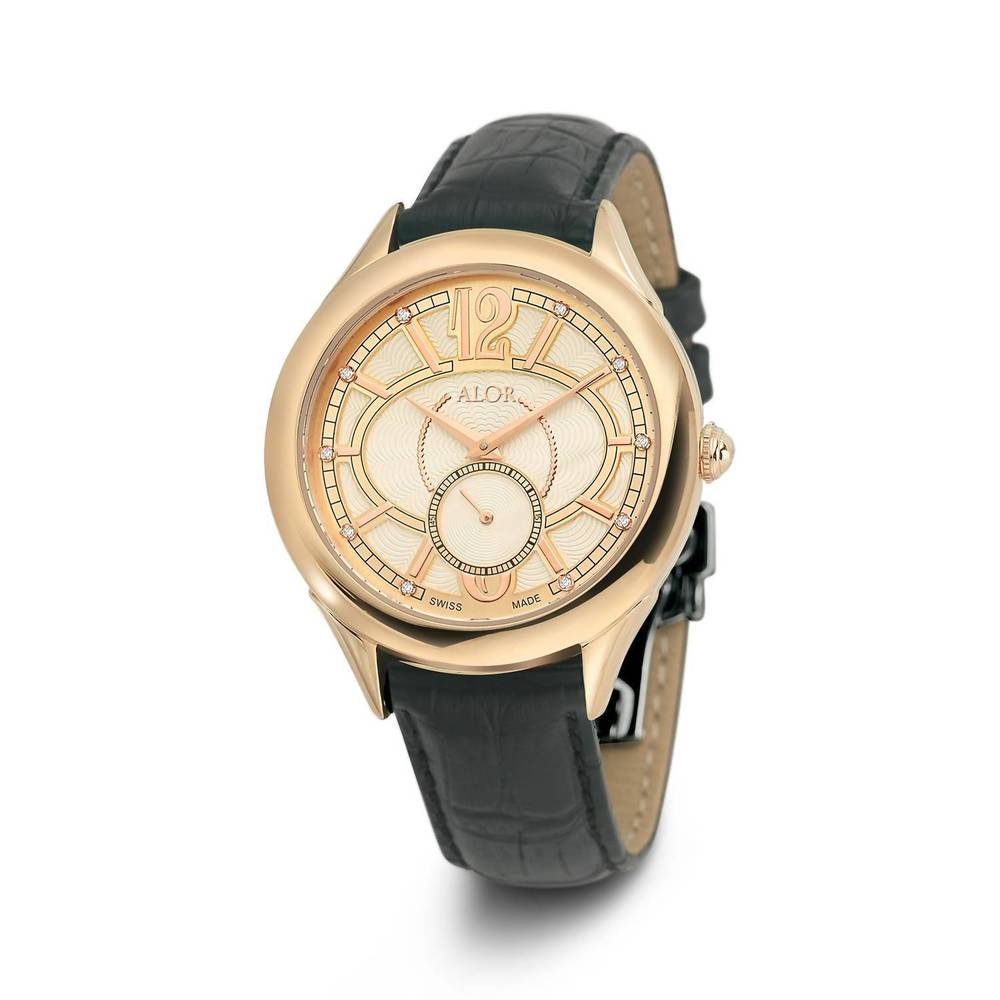 NEW ALOR 0.05 cts leather strap diamond watch in black/rose